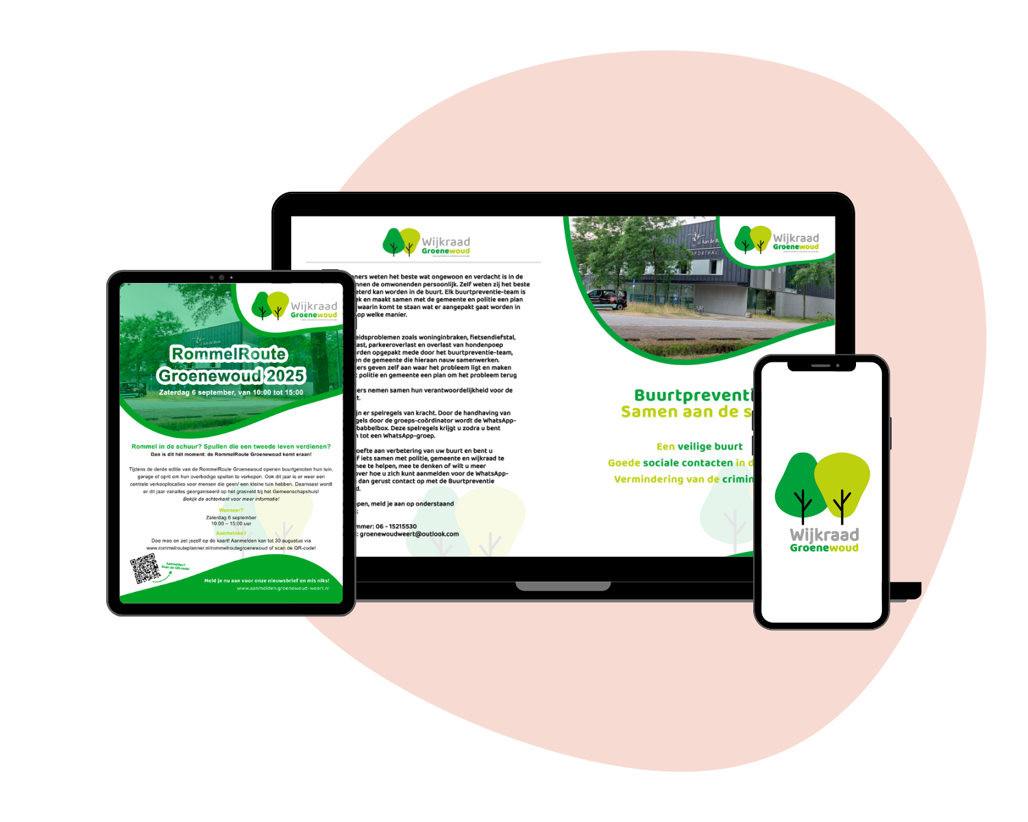 Wijkraad Groenewoud communicatiemiddelen: poster, folder en mobiele weergave